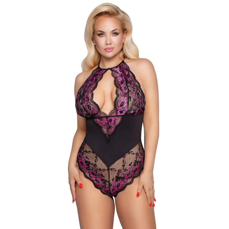 Cottelli CURVES - Dwukolorowe Kwiatowe Body Z Delikatne Koronki 4XL